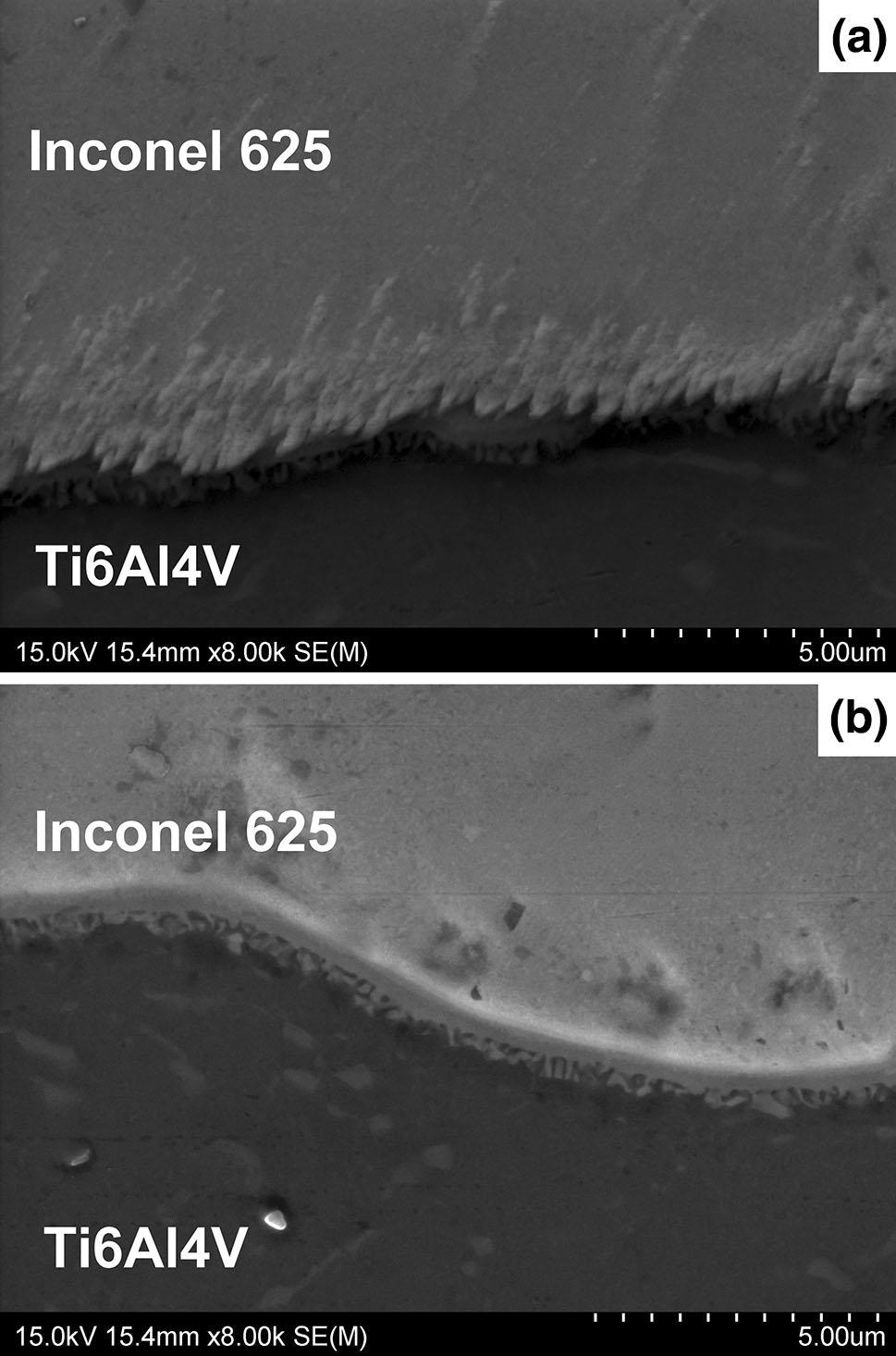 Fig. 4 The joint zone of the Ti6Al4V/Inconel 625 joint examined in a scanning electron microscope after heat treatment shown at higher magnification: (a) cross section perpendicular to the direction