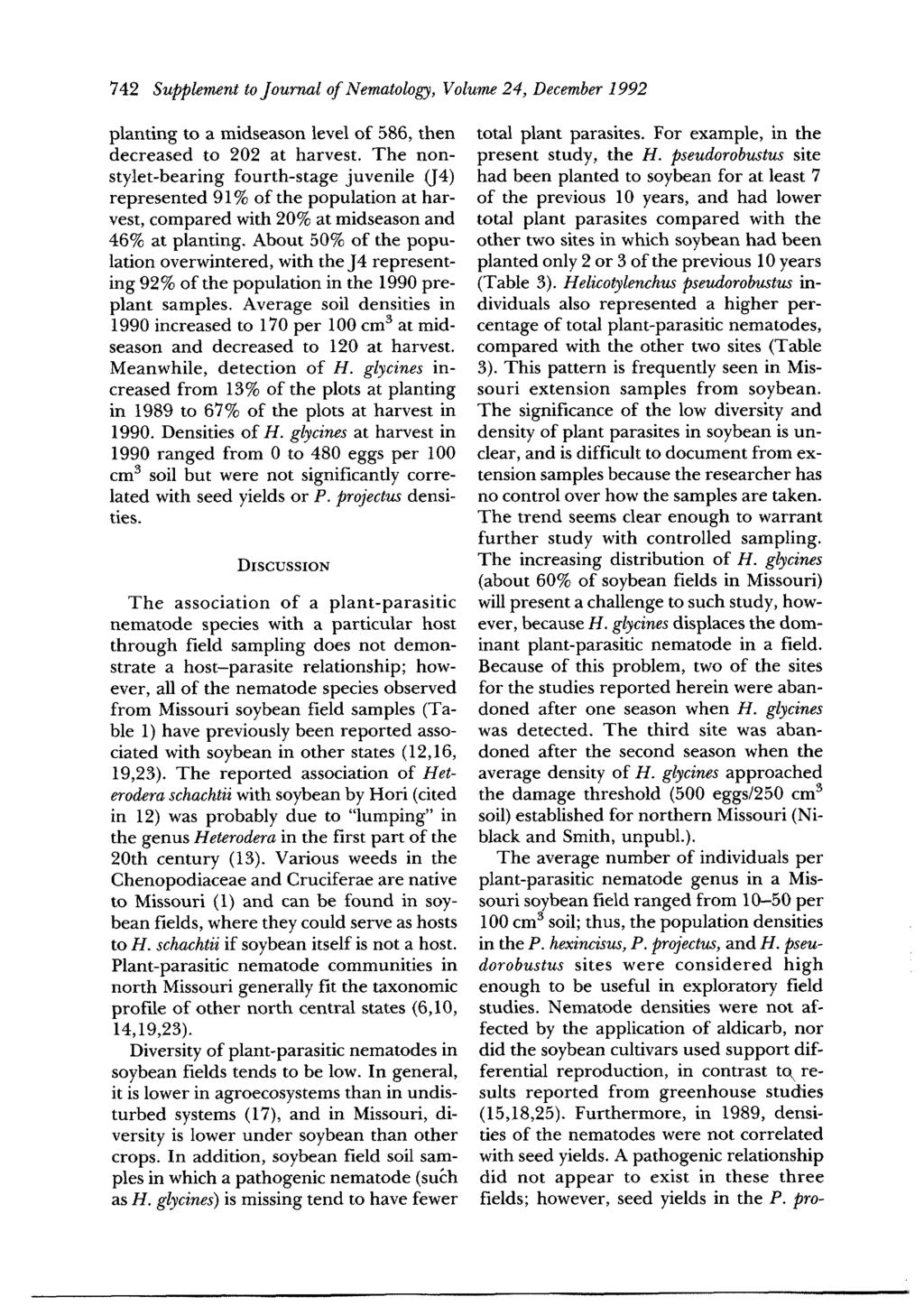 742 Supplement to Journal of Nematology, Volume 24, December 1992 planting to a midseason level of 586, then decreased to 202 at harvest.