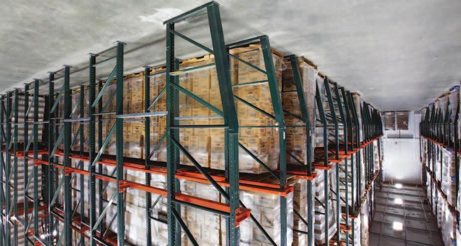 These storage rack systems feature narrow pallet-storage lanes running