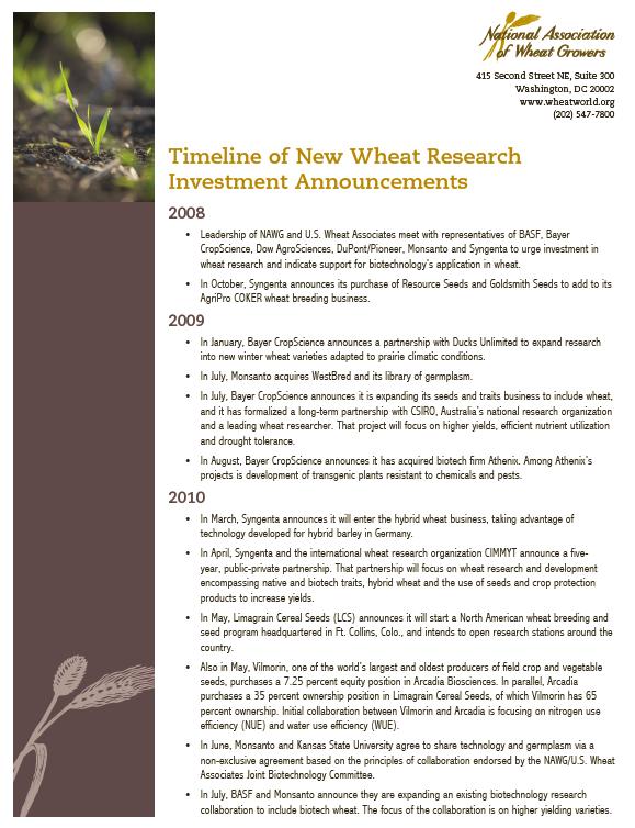 Timeline of Updates - 2008 and 2009 USW/NAWG meet with six private biotech companies Syngenta acquires two wheat seed