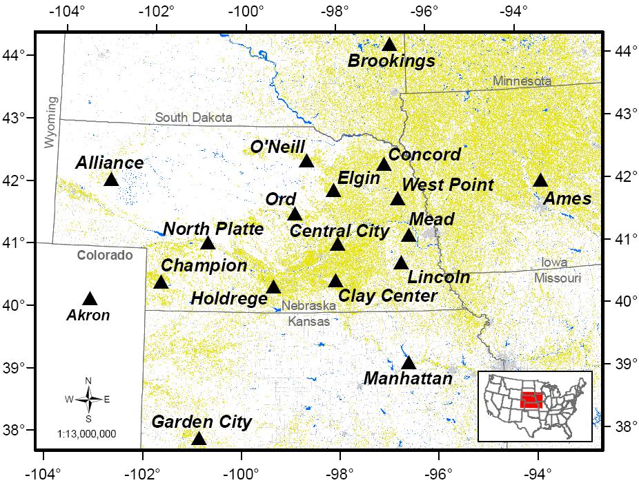 45 Figure 2-1. Map of the Western U.S. Corn Belt. States are named and their boundaries shown. Triangles indicate sites of meteorological stations used in this study.