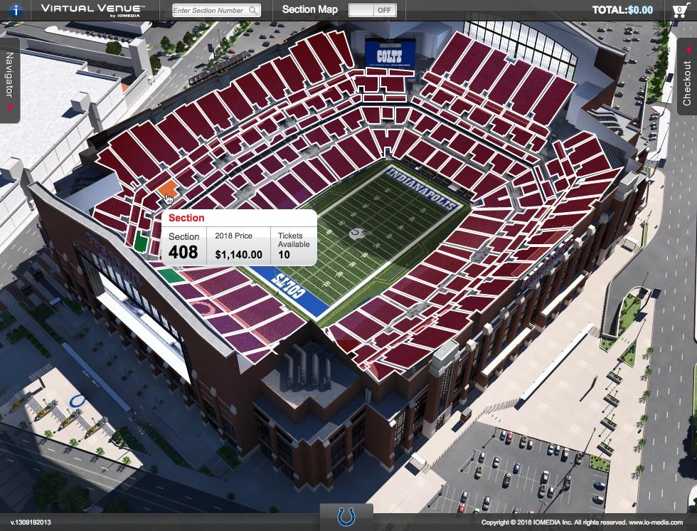 STEP 3: SEAT AVAILABILITY Once you click the icon, you will be taken to the Indianapolis Colts Seating Chart at Lucas Oil Stadium via the Virtual Venue tool.