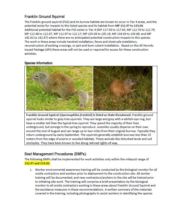 UPRR s Iterative Process and Construction Coordination Protected Species and Reduced Compliance Costs Franklin s Ground Squirrel UPRR coordinated revisions to FGS management and work restrictions