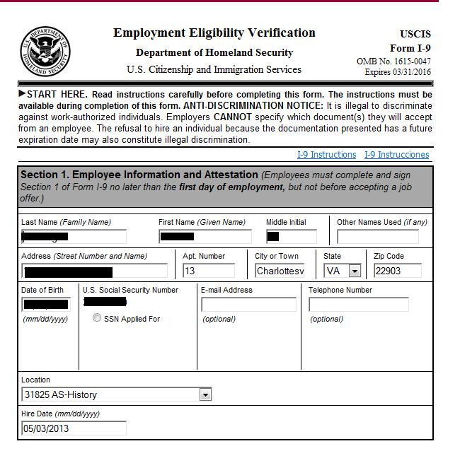 Completing I-9 with U.S. Passport The employee completes their name, and address. Email and phone number fields are optional.