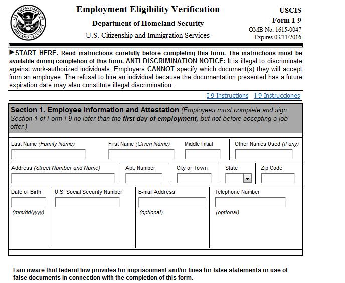 Section one of the I-9 form will appear.