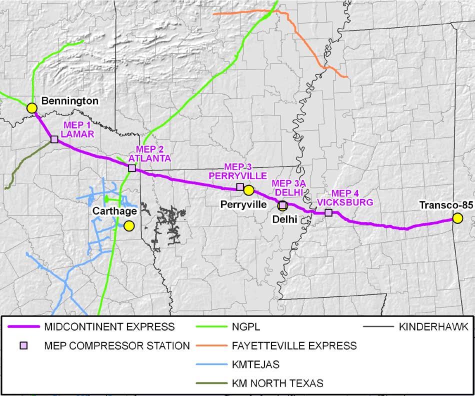 Midcontinent Express Pipeline (MEP) MEP 507 miles of 42, 36 and 30 pipe Originates at Enogex, Bennington and terminates at Transco Station 85 Capacity: Zone 1: 1.