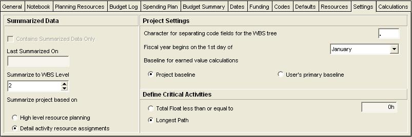 v) Project Settings: The project default settings for calculating earned value and defining critical activities shall be defined as follows: a) Specify Project Baseline as the baseline for performing