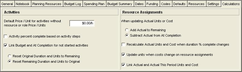 vi) Calculations Default Settings: The project default settings for calculating cost and resource usage when updating a cost-loaded or resource-loaded schedule shall be defined as follows: a)