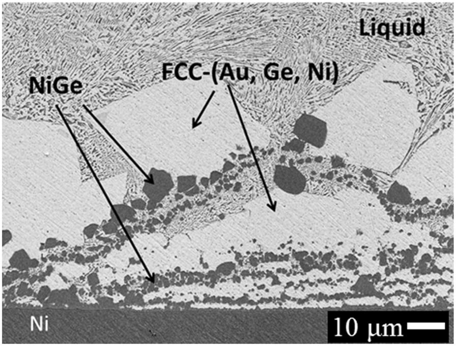 5 (c), although the NiGe layer contained a very limited amount of Au and prohibited the inflow of Au toward the interfaces, the ripening process generated fast diffusion channels for Au and Ge.