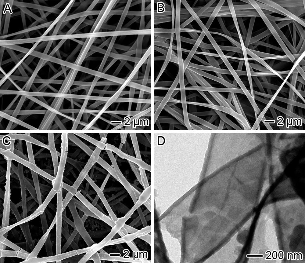 FIGURE 2. (A) SEM images of PLA fibers. (B, C) SEM images of PLA fibers after coating of polydopamine with 0.