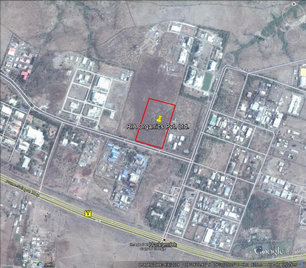 Figure 1: Google Earth Imagery depicting Location of Ria Organics Pvt. Ltd. at Kurmumbh MIDC, Pune Latitude: 18 0 24 10.15 N Longitude: 73 0 31 25.