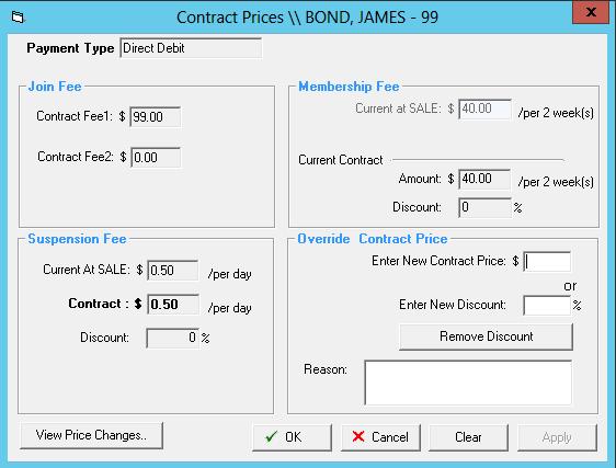 Overriding/Changing Contract Prices Members> Contracts> View Customer Contracts> Financials> Prices This screen displays information relating to the current contract applicable to the member.