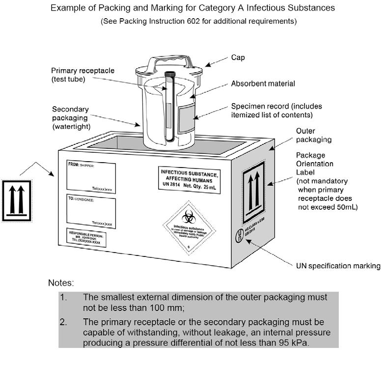 Figure 3: Example of packaging and labelling for Category A shipment Diagram courtesy of IATA, Montreal, Canada Labelling Packages containing Category A infectious substances should be marked with: