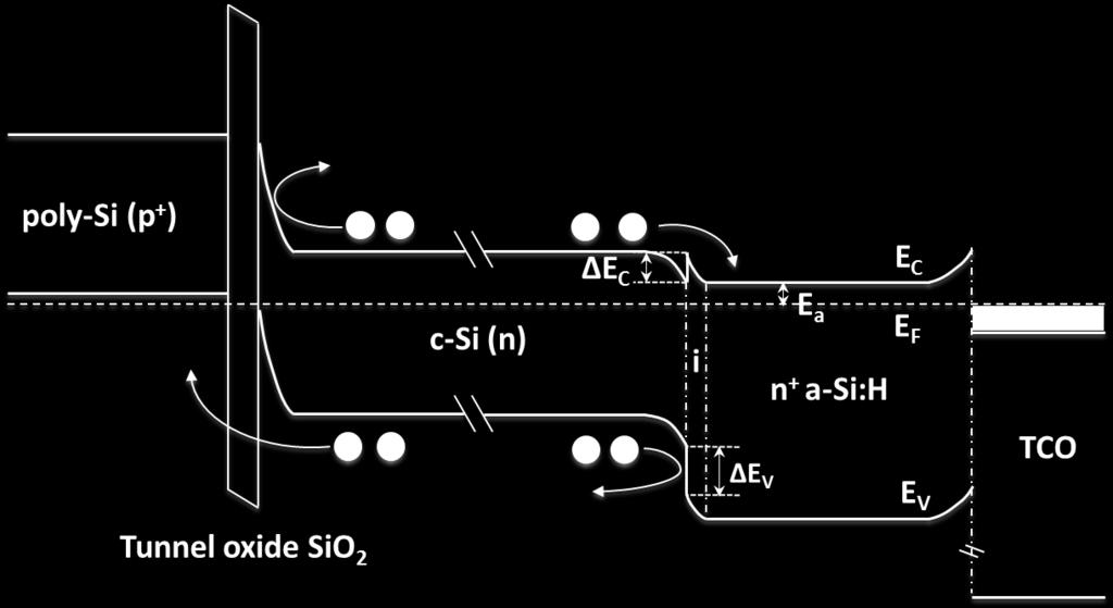 Figure 1.11: Schematic band diagram of poly-si (p)/sio2/c-si (n)/a-si:h (i)/a-si:h (n + )/TCO structure of hybrid solar cells 1.