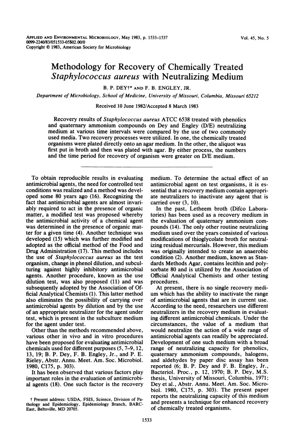 APPLIED AND ENVIRONMENTAL MICROBIOLOGY, May 1983, p. 33-37 99-22/83/533-5$2./ Copyright 1983, American Society for Microbiology Vol. 5, No.
