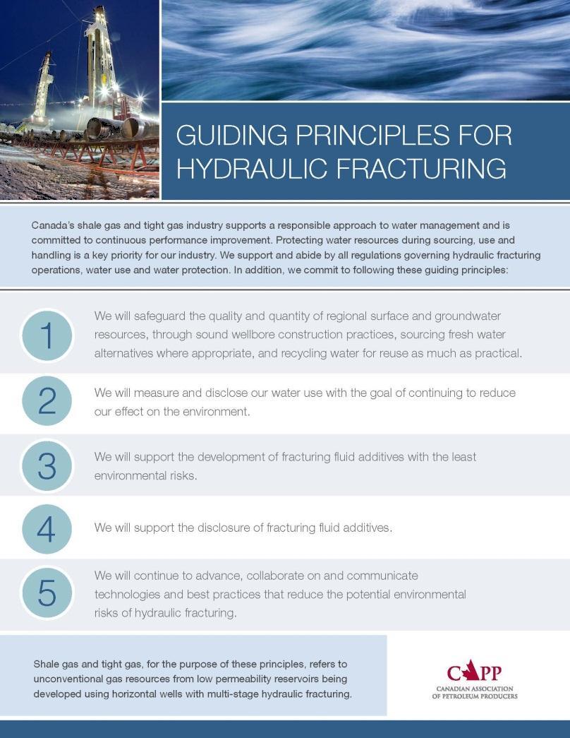 Guiding Principles for Hydraulic Fracturing 1 2 3 4 5 We will safeguard the quality and quantity of regional surface and groundwater resources, through sound wellbore construction practices, sourcing
