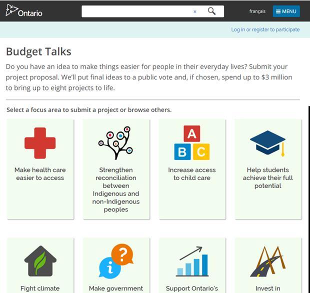 Open Dialogue Consultation Directory Using the Directory to shape policies and programs Budget Talks For the third year in a row, Ontario is inviting the public to submit ideas on how government can