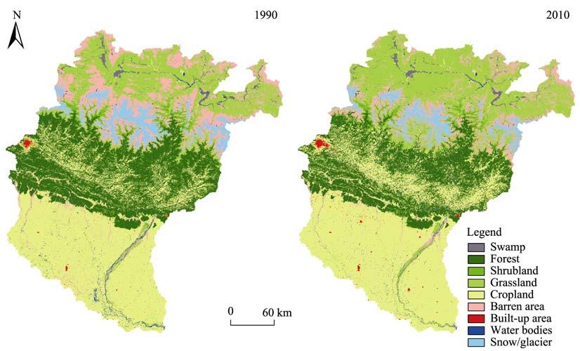ZHAO Zhilong, et al.: Assessment of Changes in the Value of Ecosystem Services in the Koshi River Basin, Central high Himalayas based on land 69 Fig.2 Land covers of KB in 1990 and 2010 (Zhang et al.