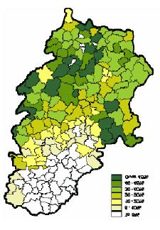 29.1%, with marked difference of forest cover between Vojvodina (only 7.1%) and Central Serbia (Figure 14). The increase of national forest cover is mainly due to natural regeneration.