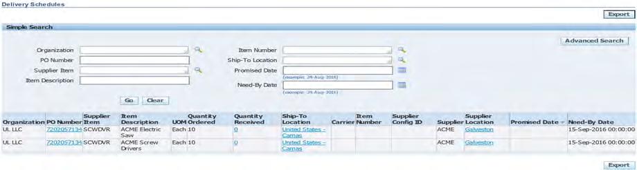 Delivery Schedules You can use the Delivery Schedules Results page to quickly determine deliveries that need to be scheduled and deliveries that are past due.