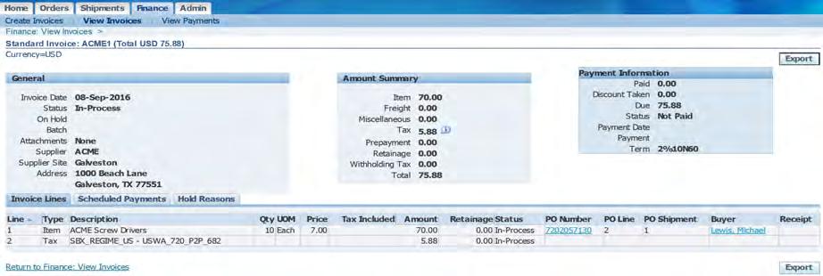 5. To view invoice line information, click the Invoice Lines tab.
