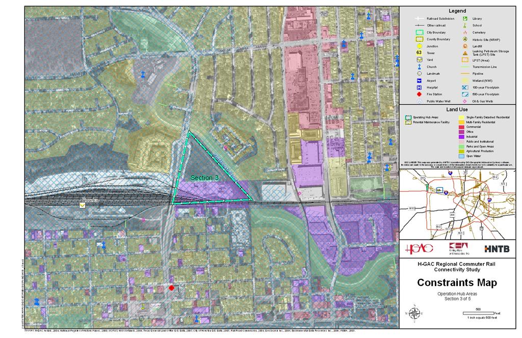 Regional Commuter Rail Connectivity Study The third potential site studied for a Hub is located at the intersection of T.C. Jester Boulevard and the Eureka Rail Yard in the northwest end of downtown Houston.