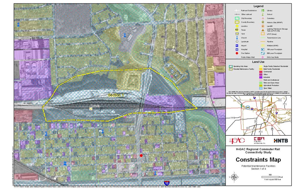 Regional Commuter Rail Connectivity Study The first potential site studied for an M&SF is located at Eureka Yard, north of I-10 freeway and west of T.C. Jester Boulevard.