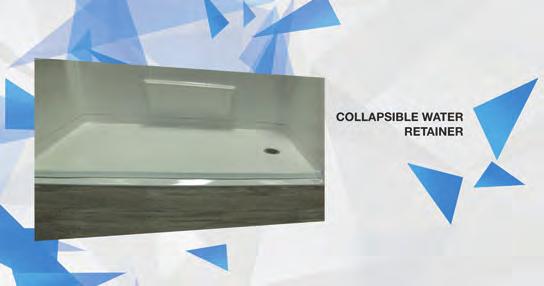 A collapsible water retainer and weighted shower curtain are recommended and available for purchase (see images AP BF 67 & 68).