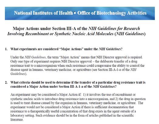 Section III-A Section III-B Experiments Require NIH/OBA and IBC Approval Before Initiation III-B-1: Experiments involving the cloning of toxin molecules with LD50