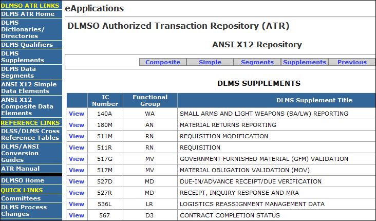 DLM 4000.25, Volume 1, May 19, 2014 Figure C9.F10. DLMS Implementation Conventions C9.4.3.2. Once a user clicks on View link in Figure C9.F10. (e.g., 511R), the DLMS IC Transaction Set Specifications will be displayed (Figure C9.