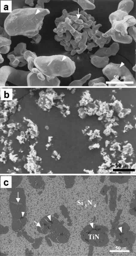 1082 B.-T. Lee, D.-H. Jang and T.-S. Kim Fig. 1 SEM micrographs of sponge Ti (a) and TiN (b) powders, and backscattered SEM micrograph of the hot pressed Si 3 N 4 46 mass%tin composite.