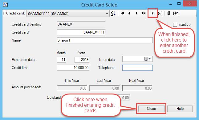 Click [Close] to exit the Credit Card entry
