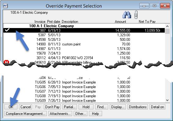 Click on invoice 987 and [OK]. Enter 5/31/13 for Effective date and AP Real EFT File.