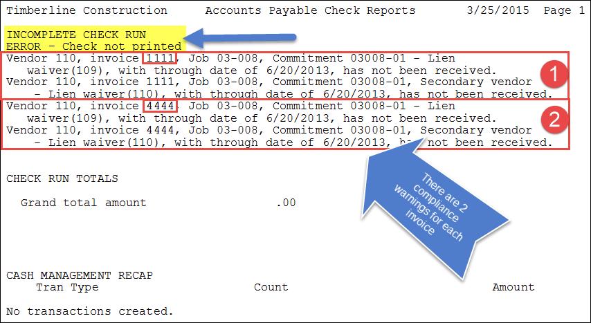 Receive the Lien Waivers and Pay the Invoices Go to Tasks-Print Checks and select [Override Payment Selection].