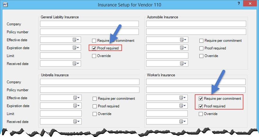 Insurance and Miscellaneous Compliance Items Setup and track the following insurance and other miscellaneous items for Vendor 110. Receipt of General Liability and Workers Comp insurance is required.