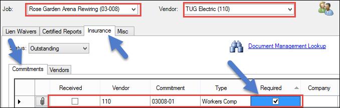 Manually Enter the Missing Compliance Requirements In AP, go to Tasks-Subcontractor Compliance Management. Select Job 03-008 and Vendor 110.