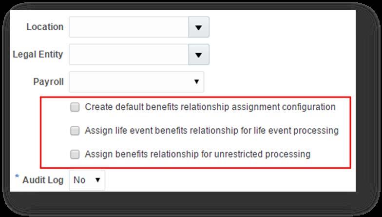 Key Parameters of the Assign and Update Benefits Relationships Process If the default configuration does not exist for the worker's country, you can configure the process to create the configuration.