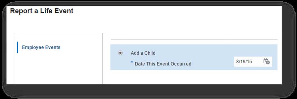 Report a Life Event Page that Participants Use in the Self-Service Pages Self-Service Grouping Field on the Create or Edit Life Event