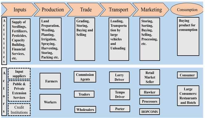 Figure 1: Mapping of Pomegranate Supply Chain The actors in the supply chain include input suppliers, producers, commission agents, traders, wholesalers and consumers.