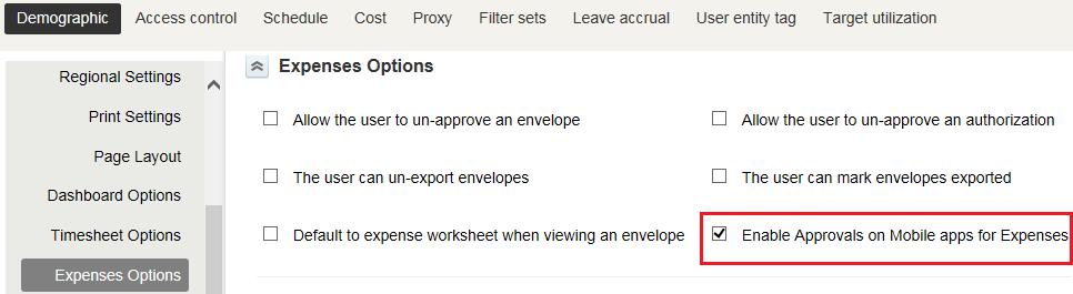 Troubleshooting 35 2. To enable the user to approve Expenses: Navigate to Administration > Global Settings > Users > [User] > Demographic > Expenses Options.