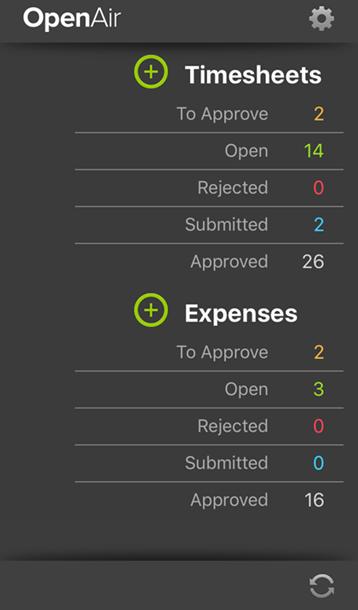 Dashboard Tap to access the application settings. See Changing Settings. Tap to add a new Timesheet or Expense, and tap the lines under Timesheet or Expense to view the respective list of items.