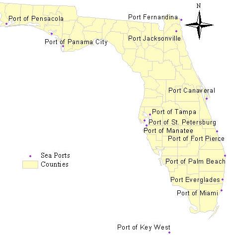 Figure 3-2 Public seaports in Florida According to the TRANSEARCH database (described in the following section), eight Florida counties that have no seaport facilities within the county boundary had