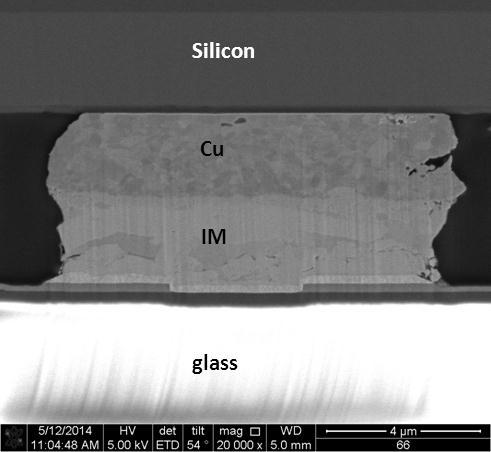 Figure 9: FIB X-section image of a bump of a 15 µm pitch bonded sample Among the different factors analyzed, the following are the most significant for bonding: Diameter of the Cu/Sn µbump Pressure