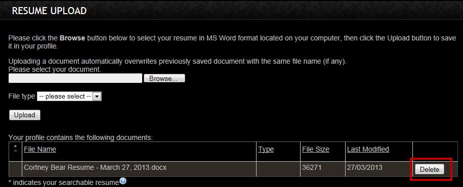 Upload resume and manage documents. Change Password This selection will allow you to change your password. We recommend that you change your password to something easy to remember.