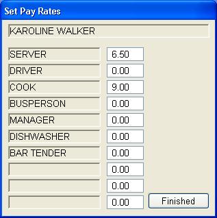If you add pay rates to more than one employee type, the system will force the employee to select the type of work he/she is clocking in (bus person, waitress, cook, etc.).