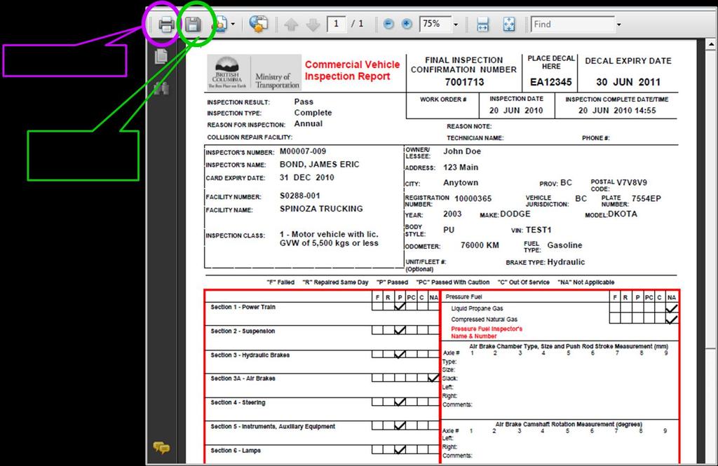 Print the Final Inspection Report (mandatory) Click the Printer icon (the left-hand icon circled in the screen above) to print the Final Inspection Report.