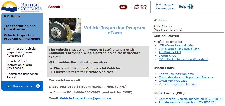 2. VIP eform homepage This page is accessed AFTER logging in to VIP Online and selecting Submit an Inspection Report (eform).