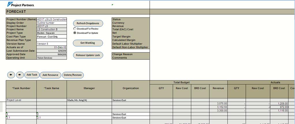 The worksheet below provides PBS&J the ability to easily manage their Estimates to Complete (ETC), including the ability to Collect Progress data such as Physical Percent Complete.