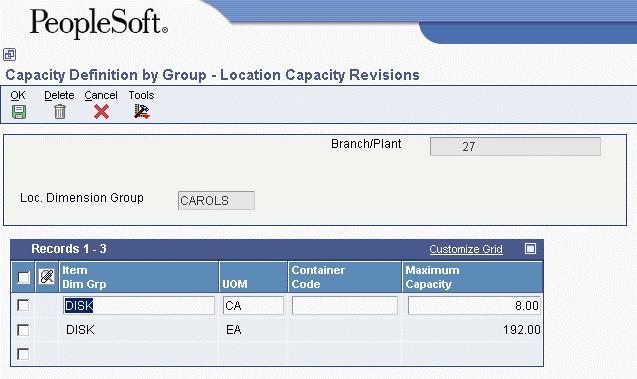 To define location capacity From the Warehouse System Setup menu (G4641), choose Capacity Definition by Item or Capacity Definition by Group. 1.