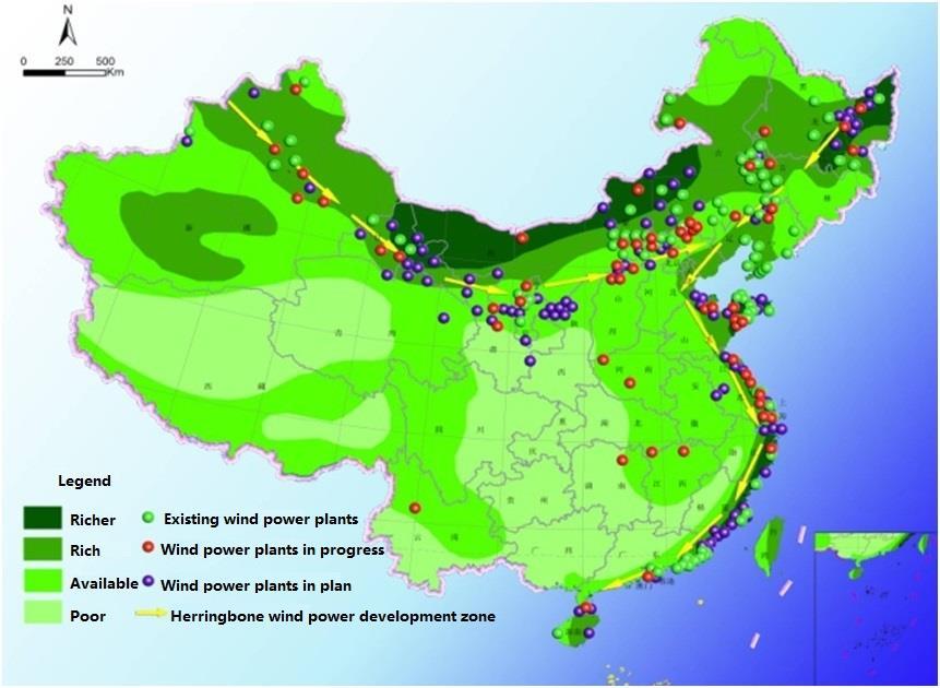 Figure 6. Distribution of wind mills in China. Prof. Wang Zhaowen has proposed that aluminum electrolysis can be used as a special load for non-grid connecting wind power.